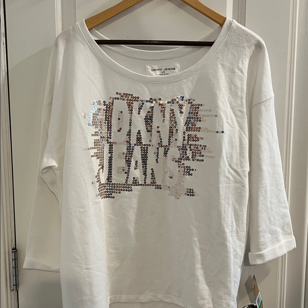 DKNY White Top with Gold Sequins size L